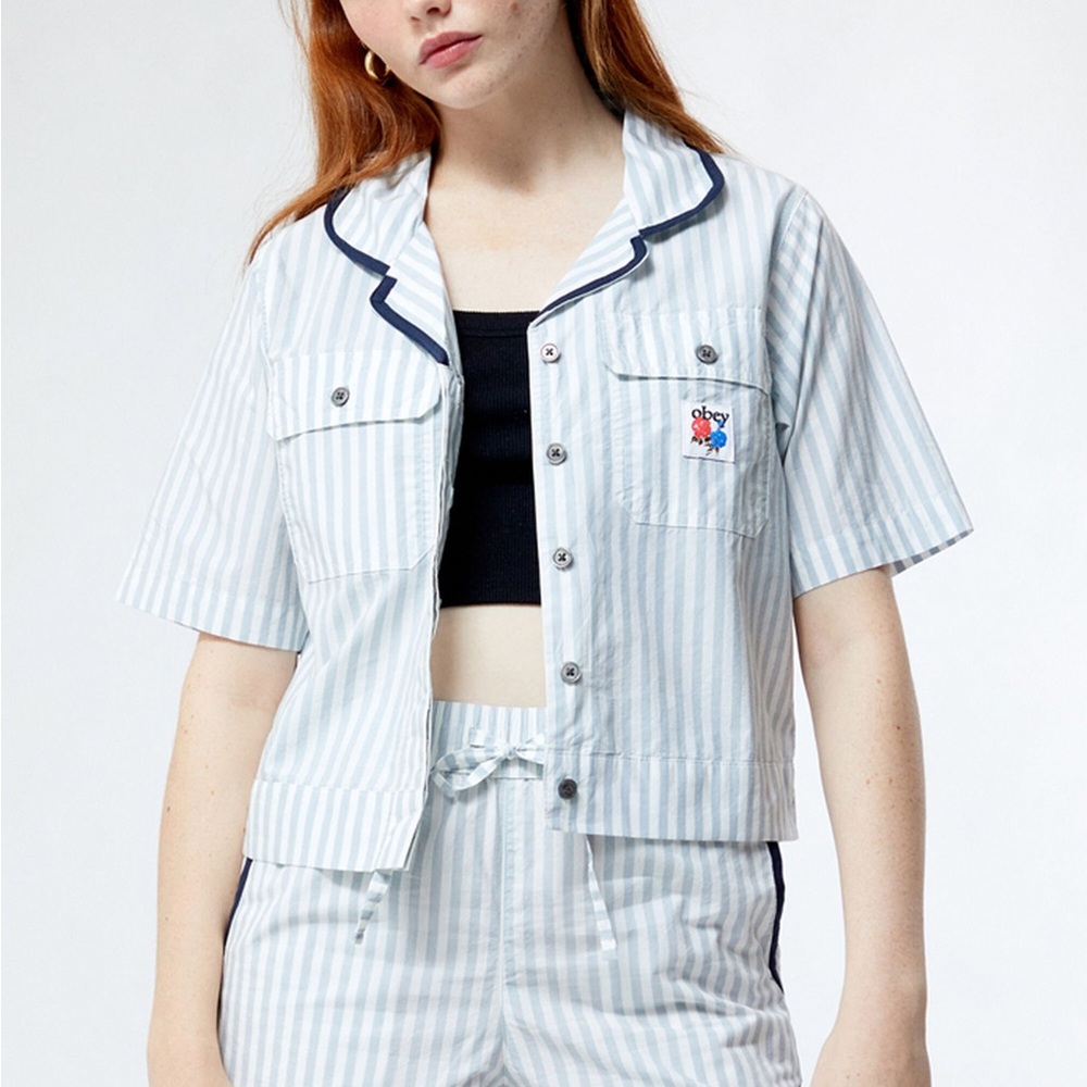 OBEY  Serena Striped Utility Shirt Cropped Button Up